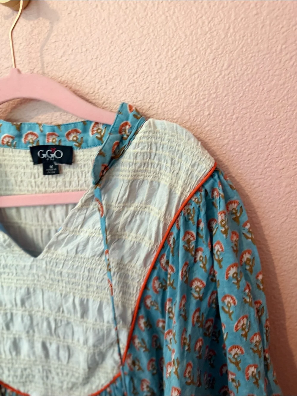 Indian Block Print Blue Printed Peasant Mini Dress with Smocked Bib - Picture 4 of 8